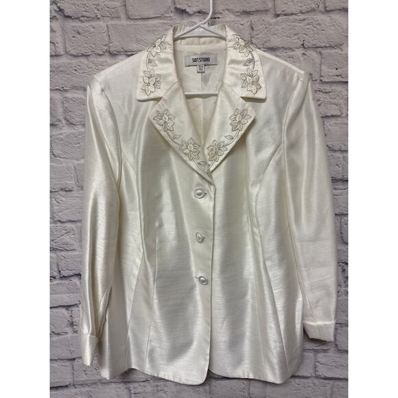 Suit Studio White Embroidered Lapel Button Up Formal Blazer Suit Jacket SZ 16W - Picture 1 of 5